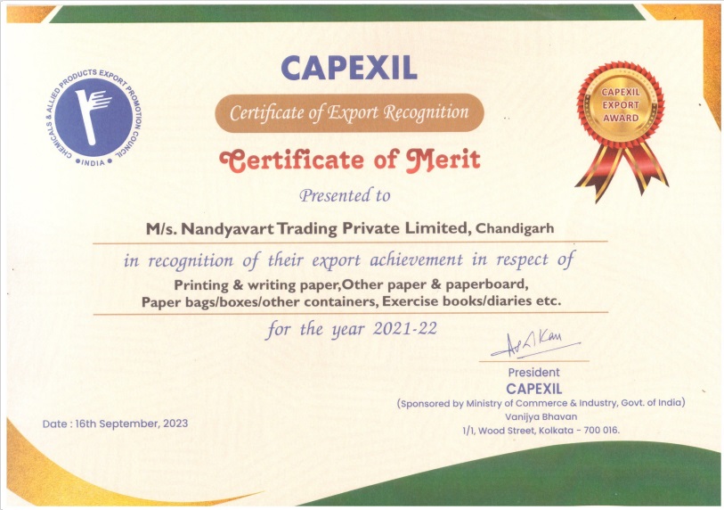 Nandyavart Group Merit Certificate 2021-22 for Export Excellence